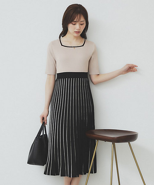 ツインセット》カーディガン×バイカラーニットワンピース【洗濯機洗い