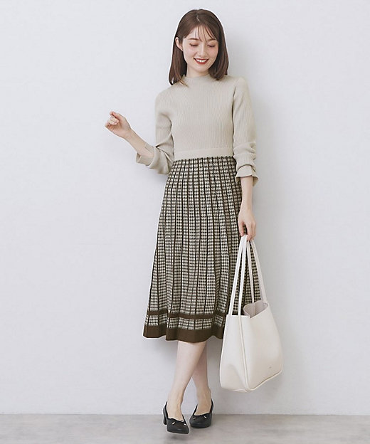 千鳥チェックバイカラーニットワンピース【洗濯機OK／抗ピル