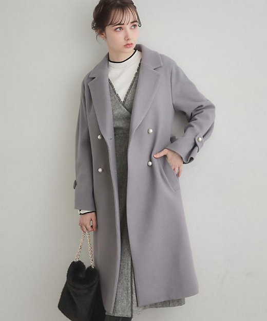 大人上品・ベルト付き】パール調ボタンチェスターコート