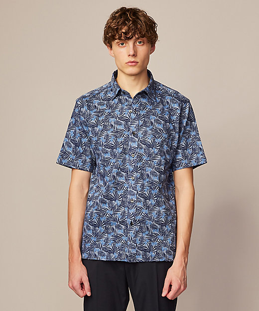 リネン素材／清涼感／吸水速乾】リネンハニカムプリント 半袖 シャツ