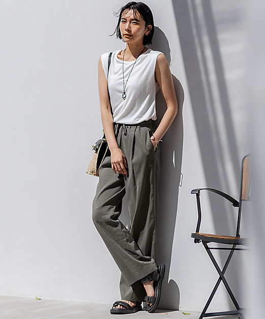 洗える】リネンレーヨンストレッチ ドロスト パンツ