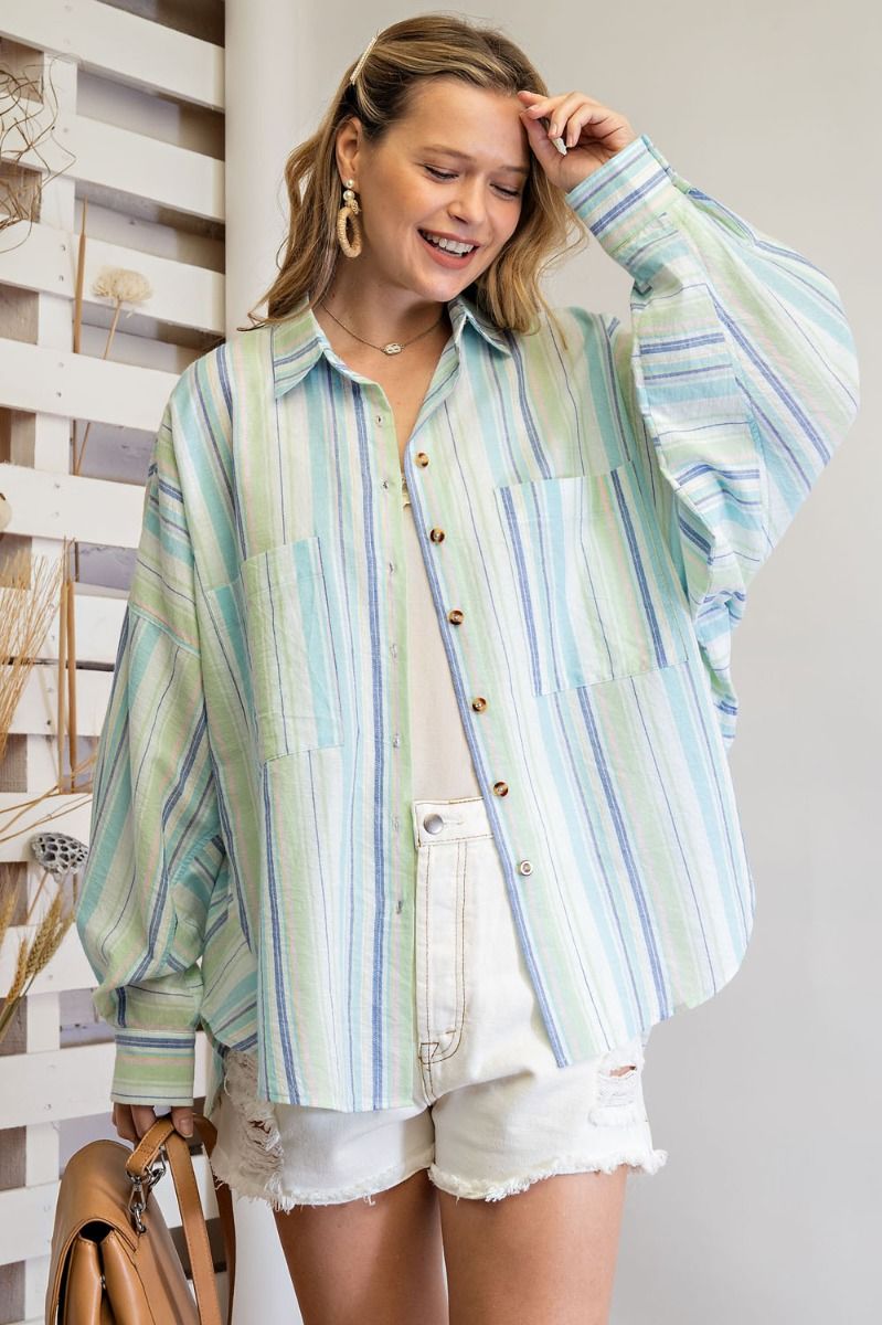 Easel Striped Button Down Shirt in Aqua Blue – June Adel