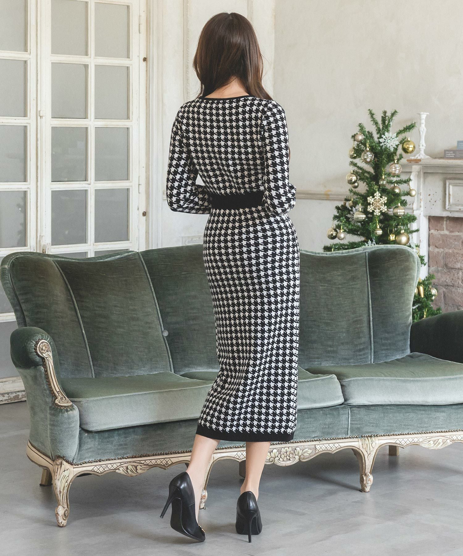 丈が選べる千鳥格子柄タイトニットワンピース JB23598 | レディース