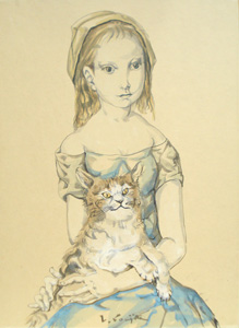 藤田嗣治「猫を抱く少女」水彩5号