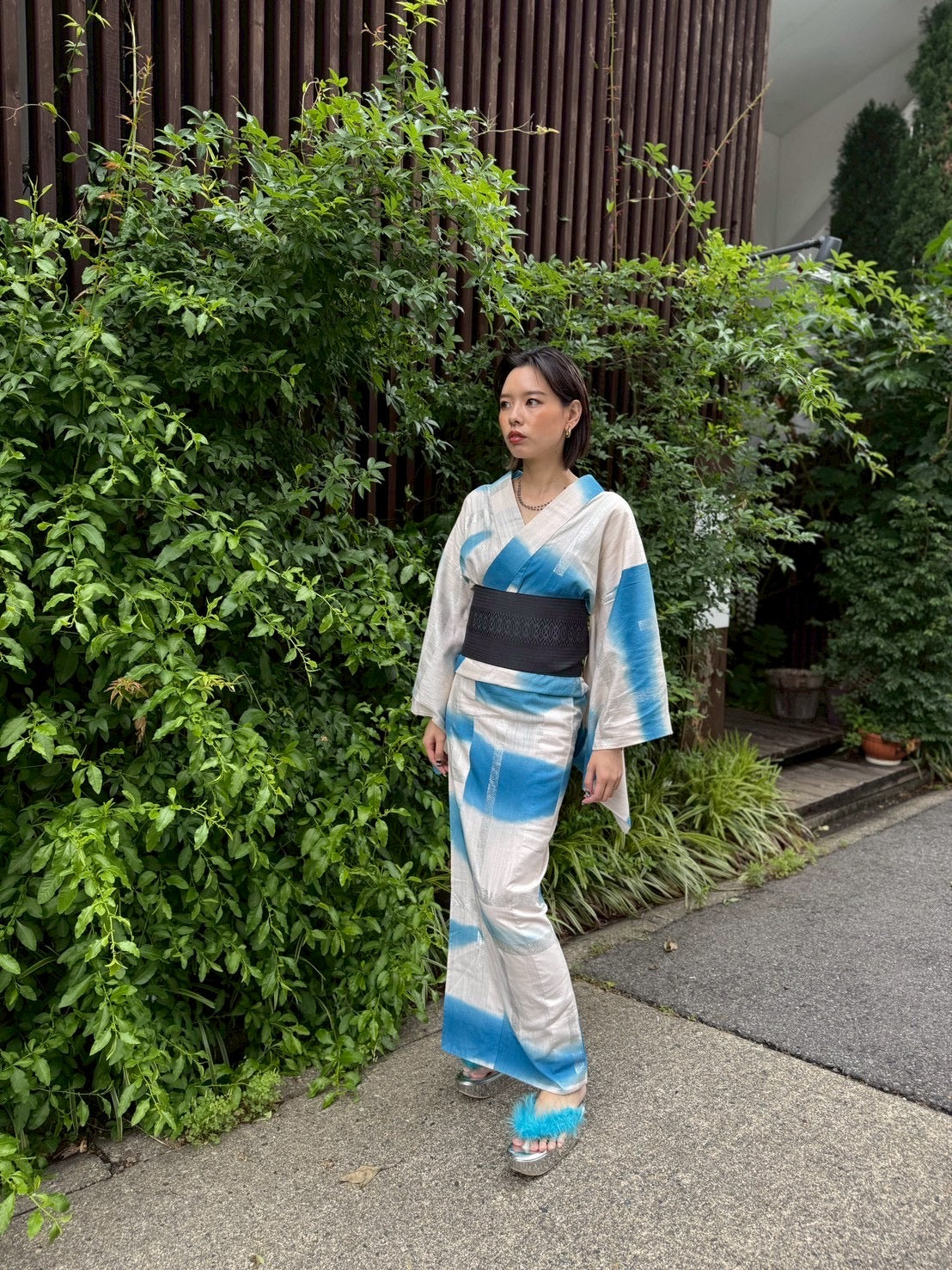 浴衣｜破れ格子 水色／ヴィンテージ箔｜誉田屋源兵衛