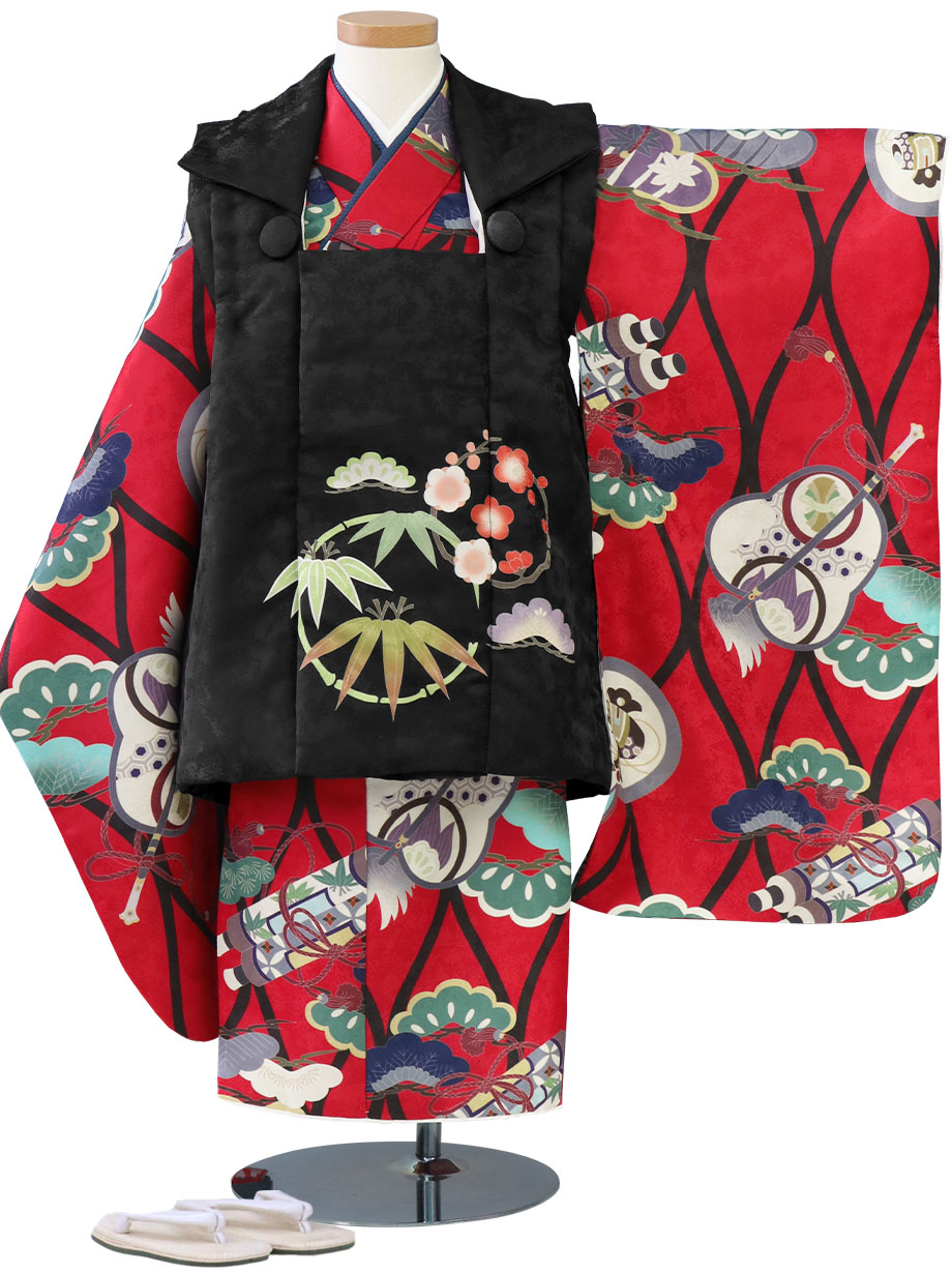 七五三 三歳 男児 被布着物セット 赤色×黒 松竹梅 軍配 祝着 NO40991