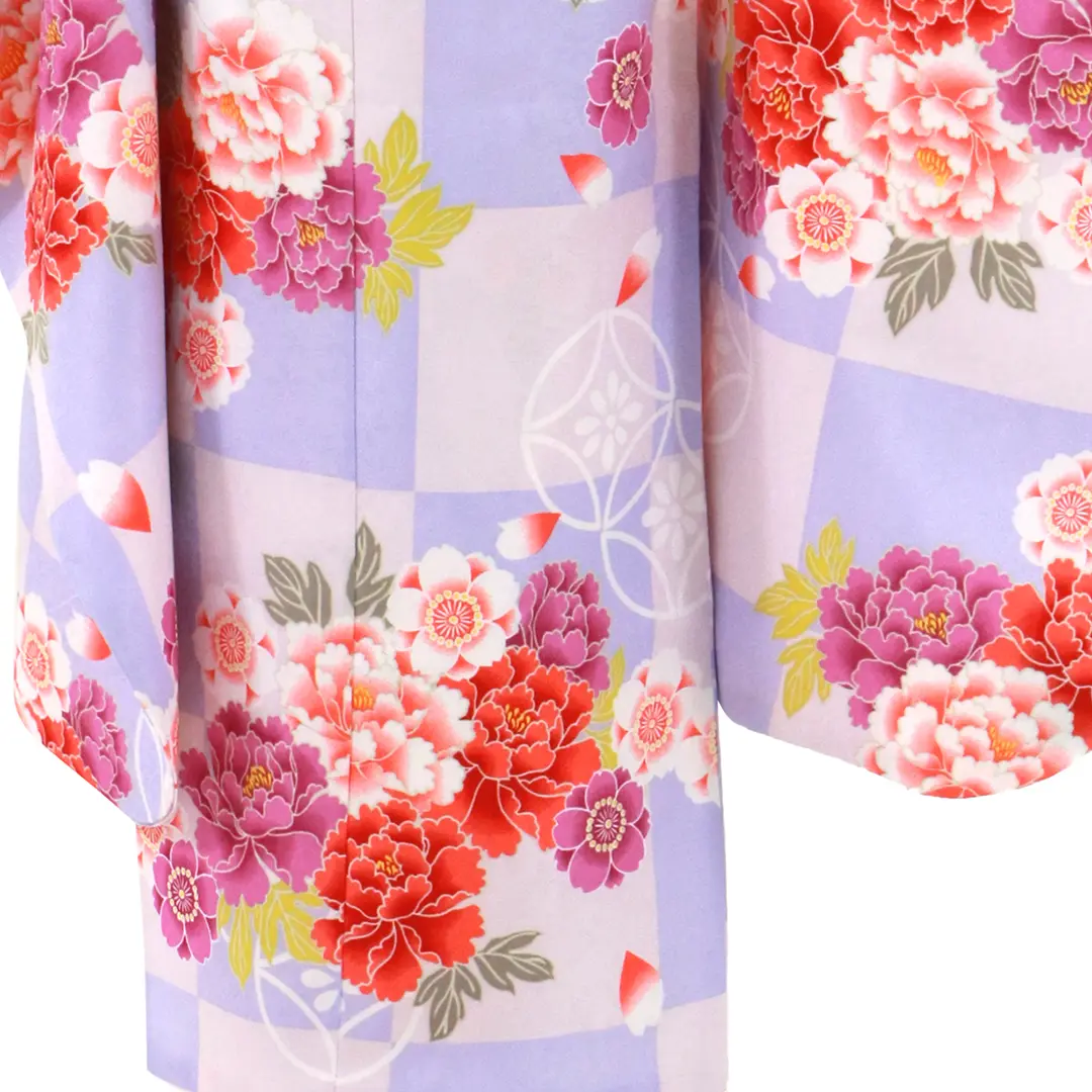 薄紫とピンクの市松に牡丹の着物／七五三・七歳女の子 | 宅配着物