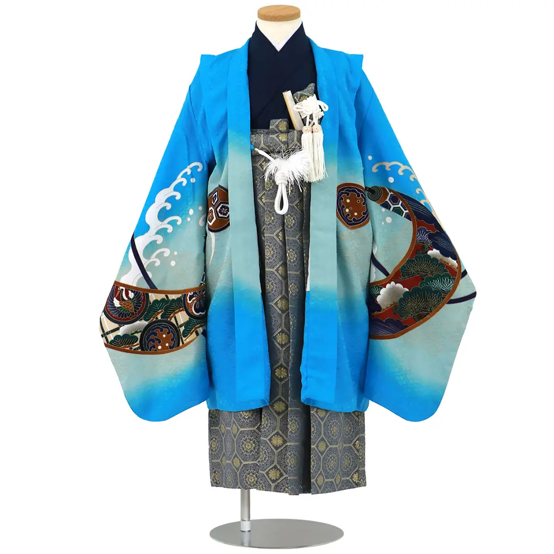 金箔の白と水色に鷹と松、紺縞の袴／七五三・五歳男の子・袴 | 宅配