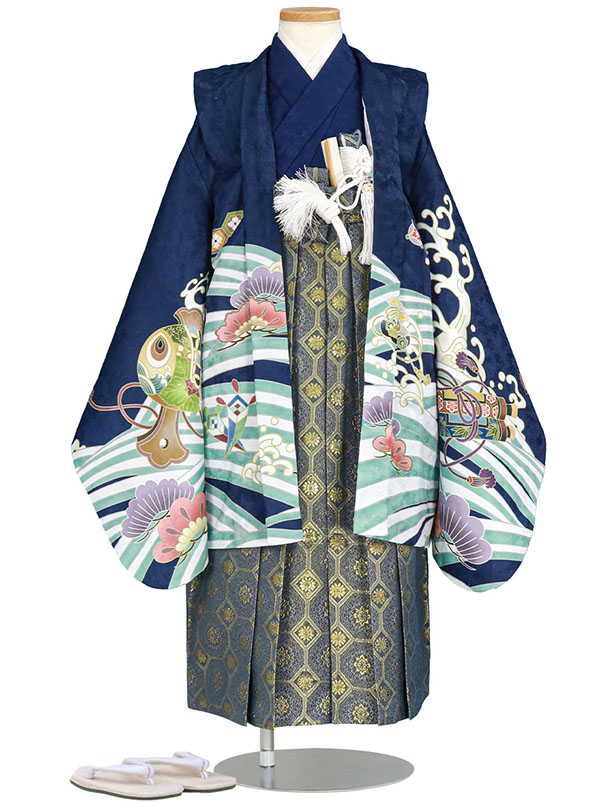 紺地に鷹と宝船、藍鼠の袴／七五三・五歳男の子・袴 | 宅配着物