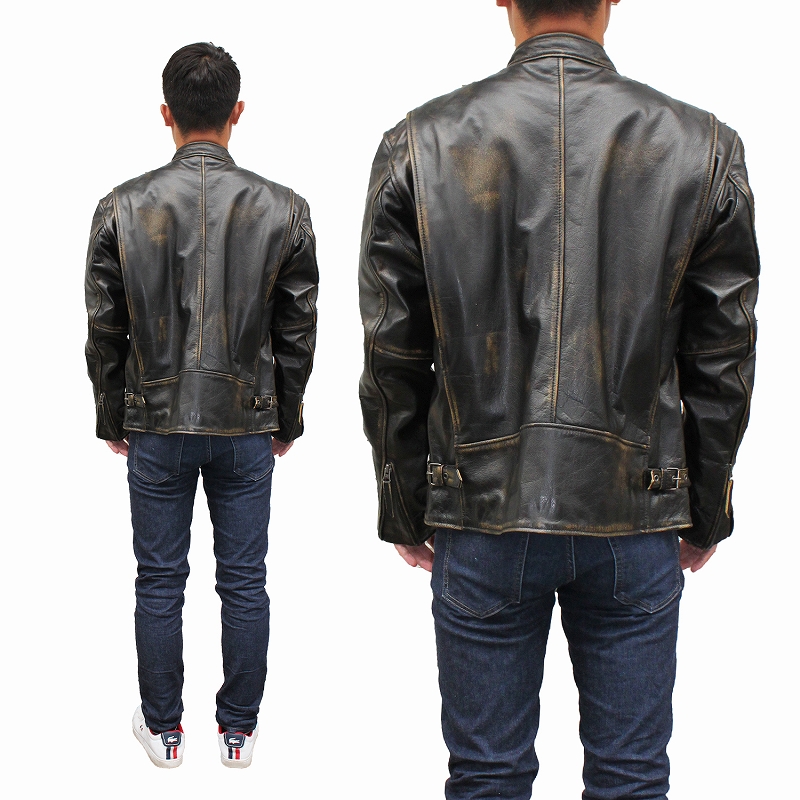 シングルライダースジャケット メンズ 革ジャン 水牛革 ダメージ