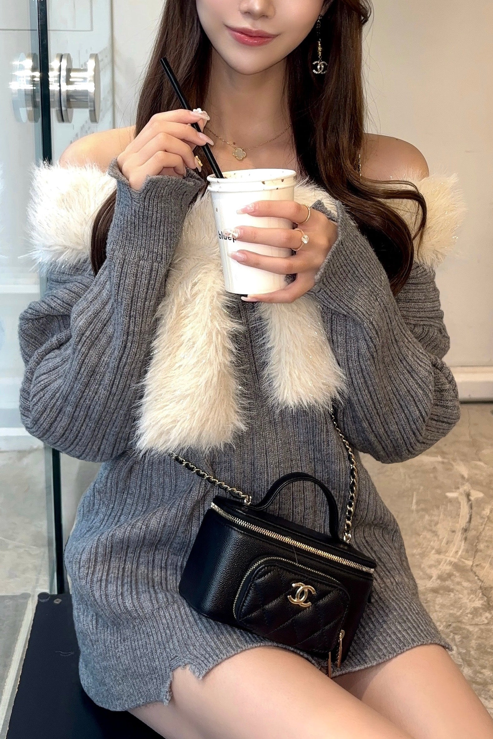 miu系穿搭 オフショル ファー ワンピース ファー 韓国 ワンホン 量産型