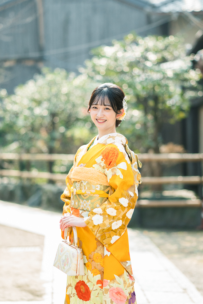 最高級の京友禅振袖レンタル】山吹色・四季の花・Lサイズ 品番sk-47