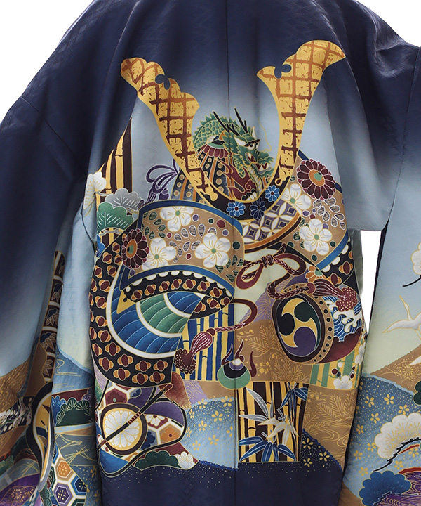 七五三(五歳男の子)着物レンタル｜兜柄羽織 紺着物×金袴｜W-B-5-67