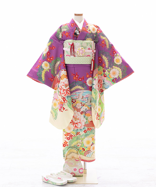 七五三(七歳女の子)着物レンタル｜【乙葉】紫に扇と松梅柄着物