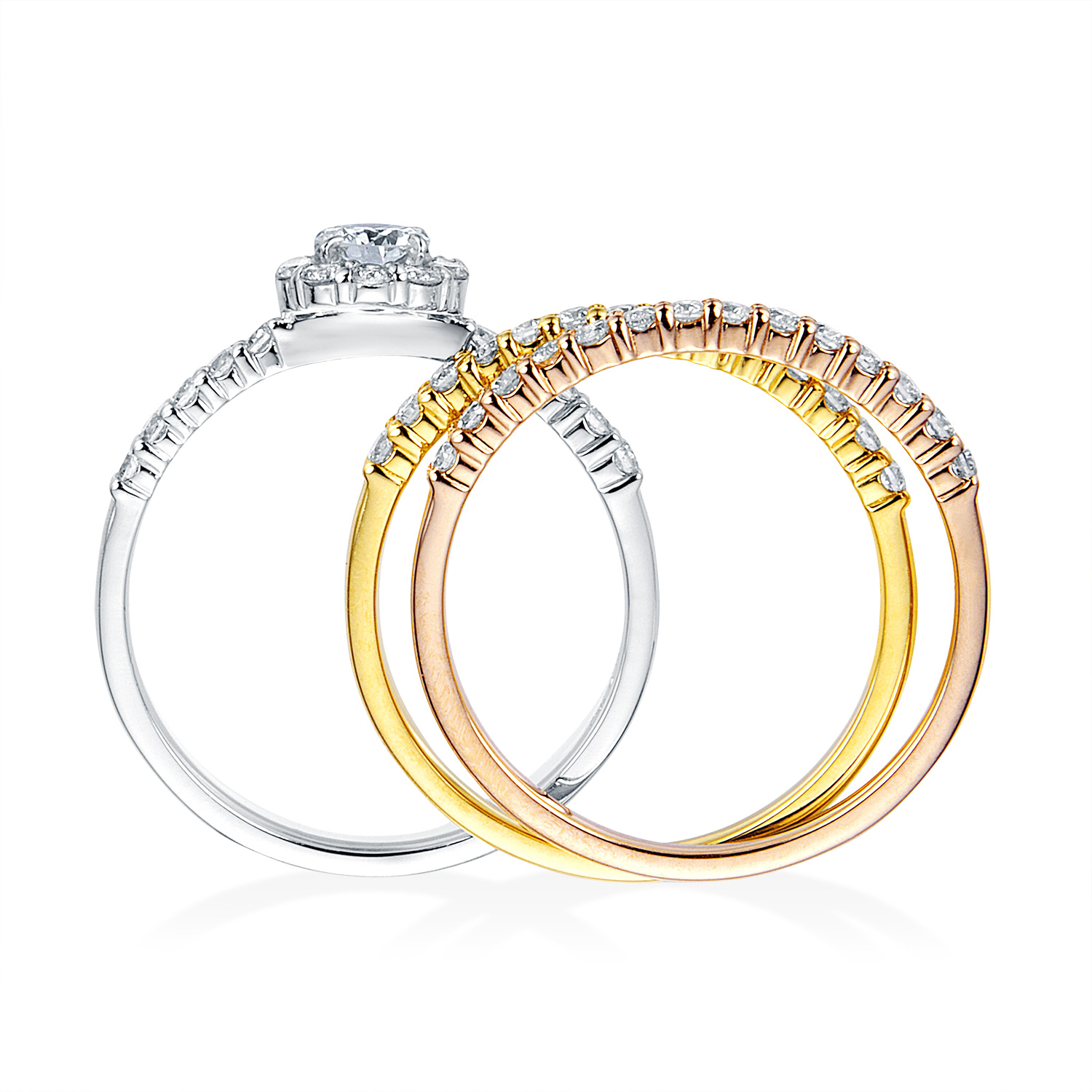 K18スリーカラー ダイヤモンド 3連リング（中石0.216ct 脇石合計0.7ct
