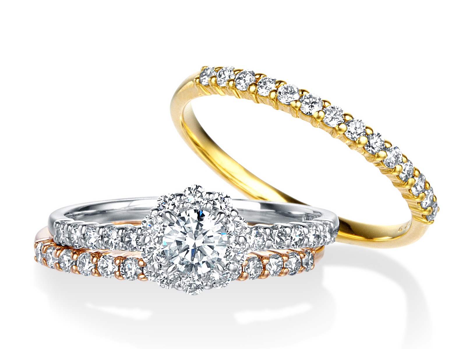 K18スリーカラー ダイヤモンド 3連リング（中石0.216ct 脇石合計0.7ct