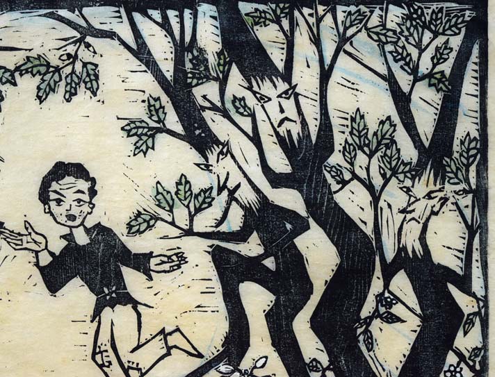 佐藤国男「かしわばやしの夜」木版画に裏彩色 絵画買取・販売の小竹美術