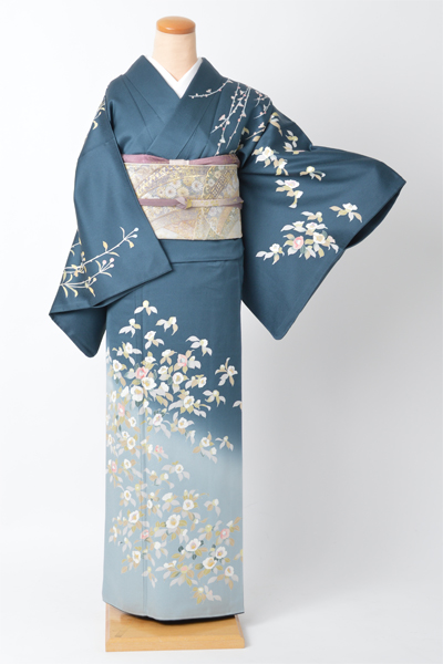 訪問着[花紺青色・椿]｜着物レンタルあき (来店着付け無料・全国配送無料)
