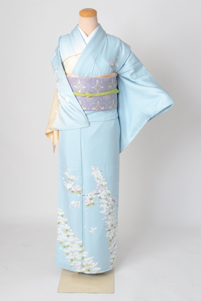 訪問着「水色に白、藤色の四季花模様」｜着物レンタルあき (来店着付け