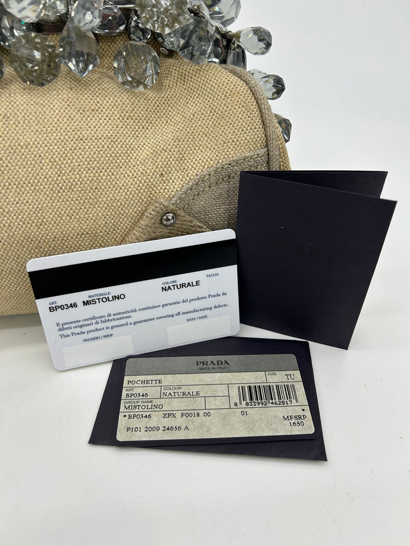 Prada Mistolino Natural Canvas Crystal Beaded Top Pochette