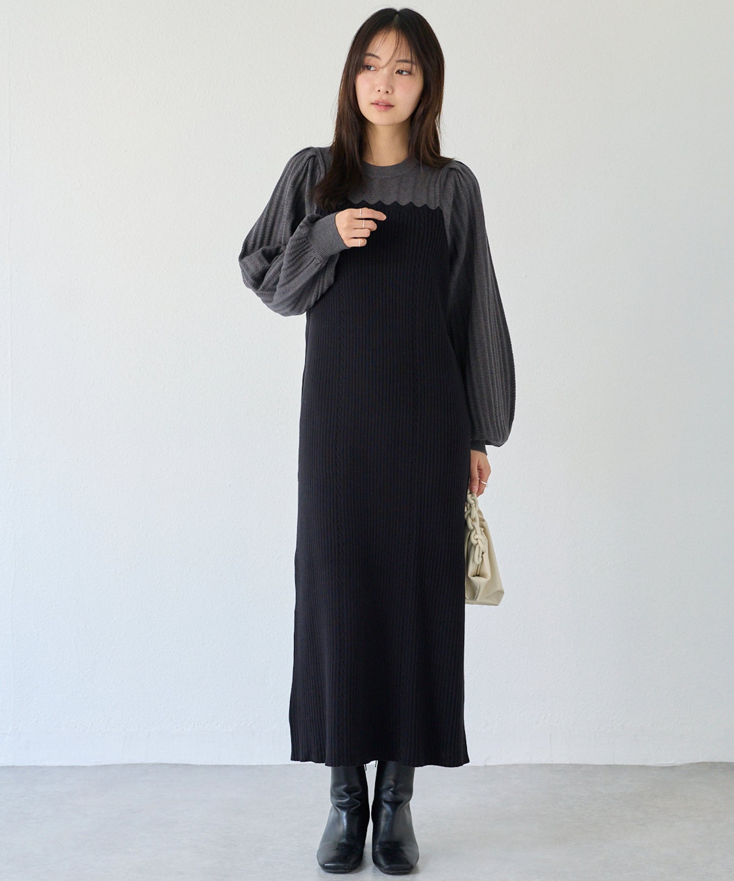 洗える】透かし編み切替ニットワンピース | ラビアンジェ-⼤きいサイズ
