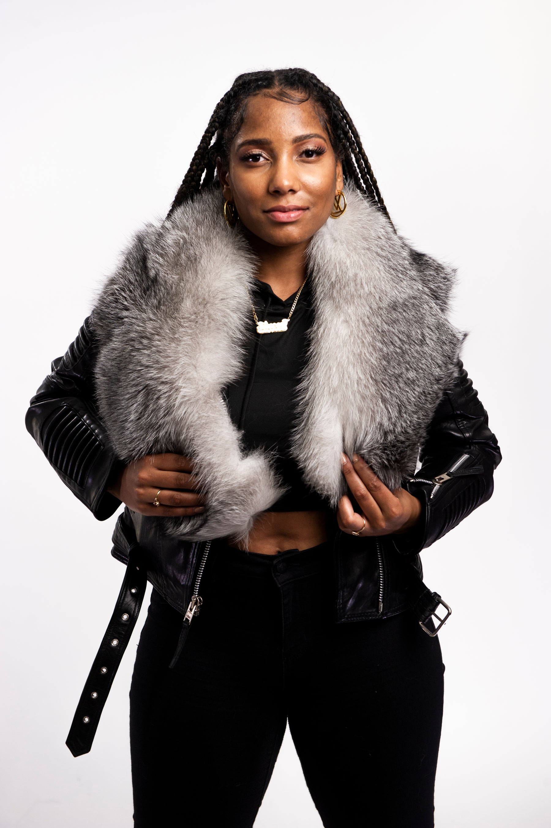 Women's Trey Biker Black Oversized Fox Collar [Silver Fox Fur