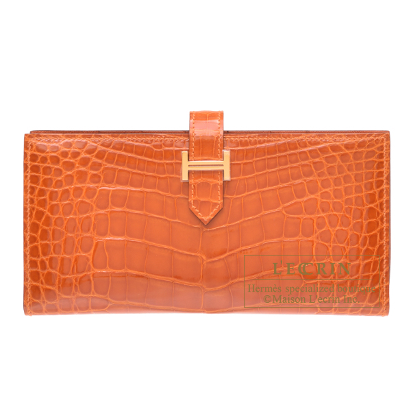 Hermes Bearn Soufflet Orange Alligator crocodile skin Gold