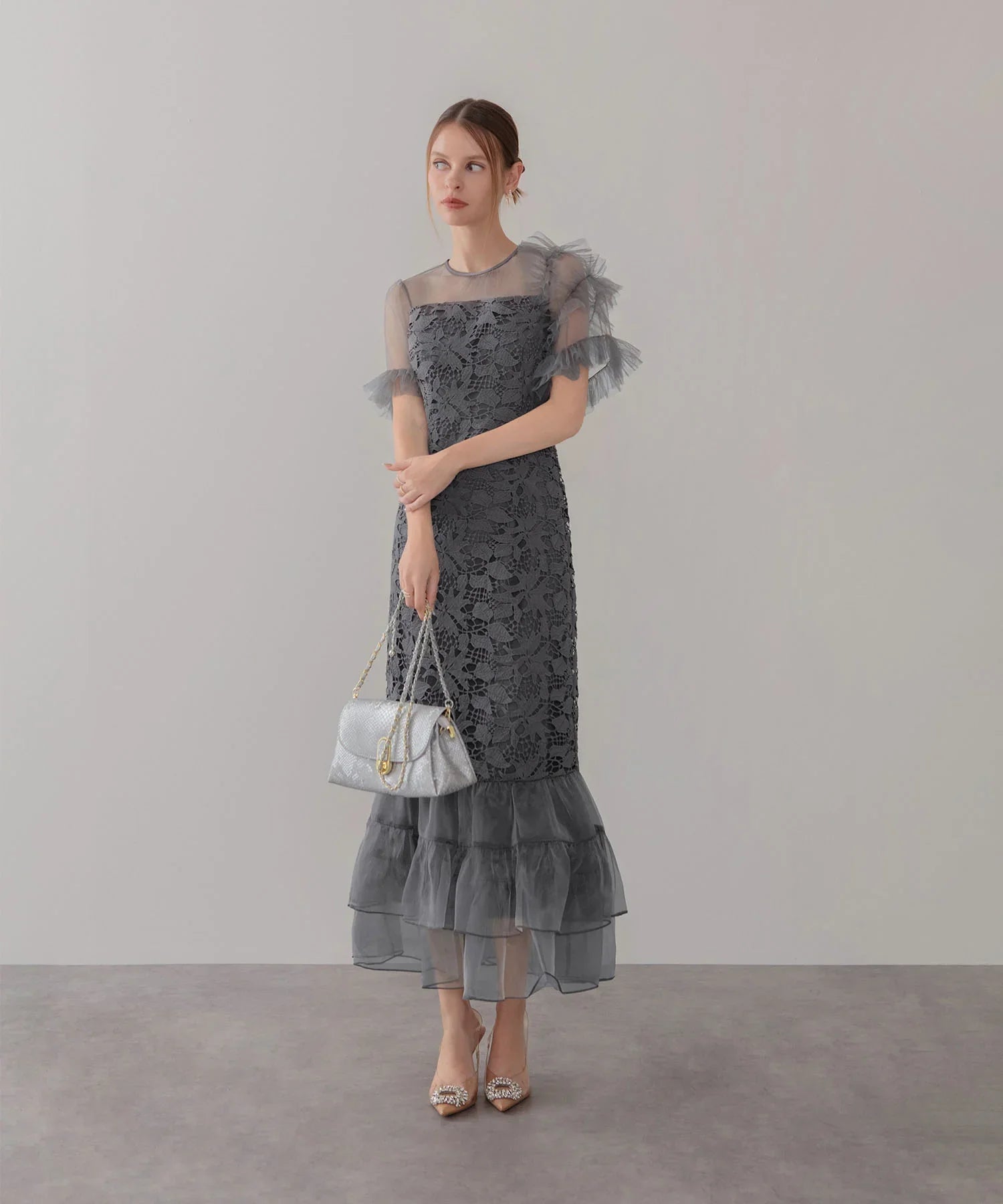 当日発送】アシンメトリーチュールスリーブレースフリルヘムIライン