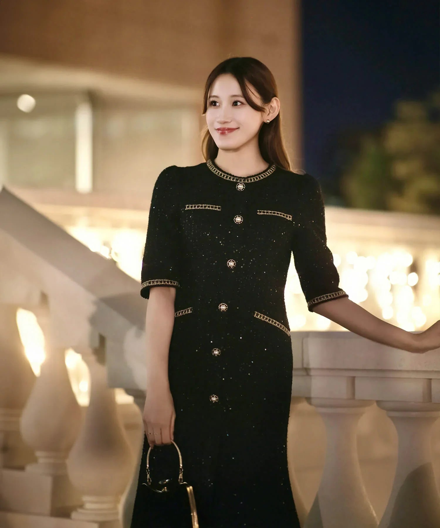 当日発送】ラメツイードレザーパイピングパールマーメイドワンピース