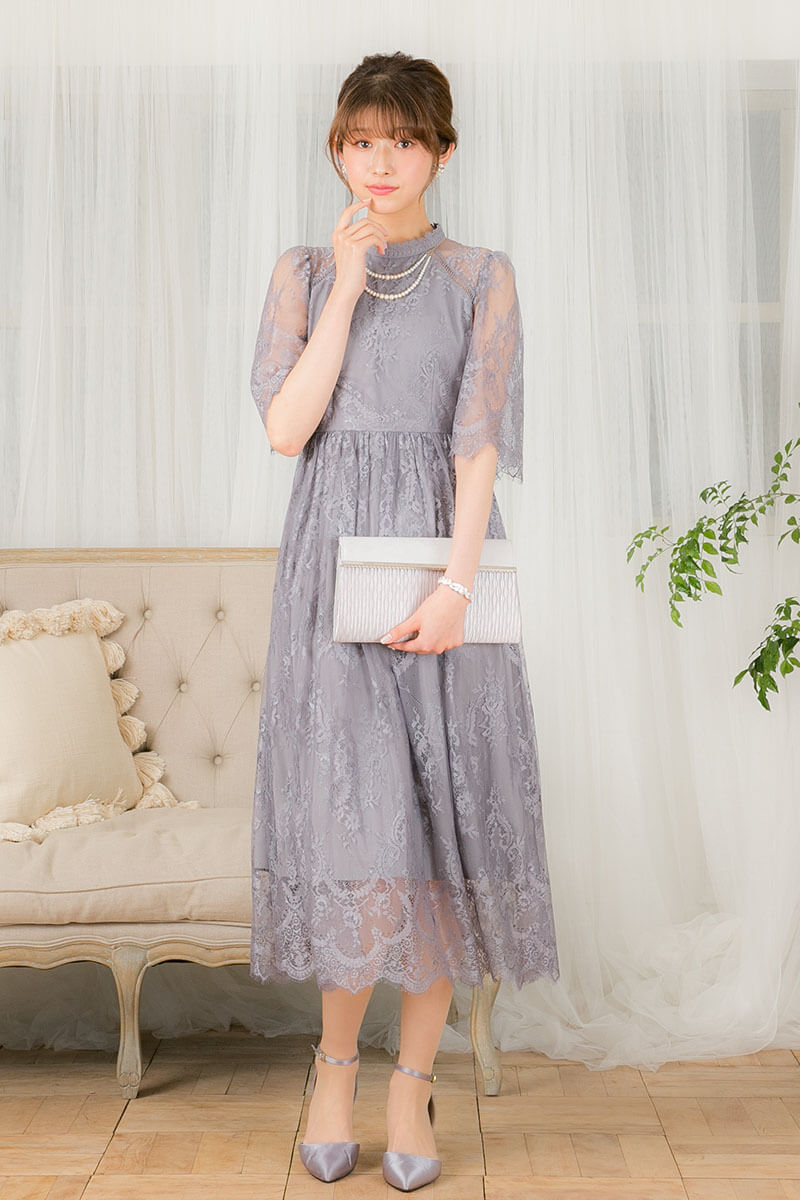 ブルーグレーのハイネック5分袖総レースドレス | Dorrydoll | M | 結婚