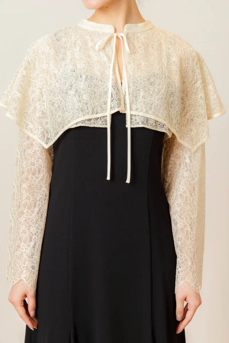 ベージュ×ブラックのレイヤードケープドレス | ANDRESD | M | 結婚式