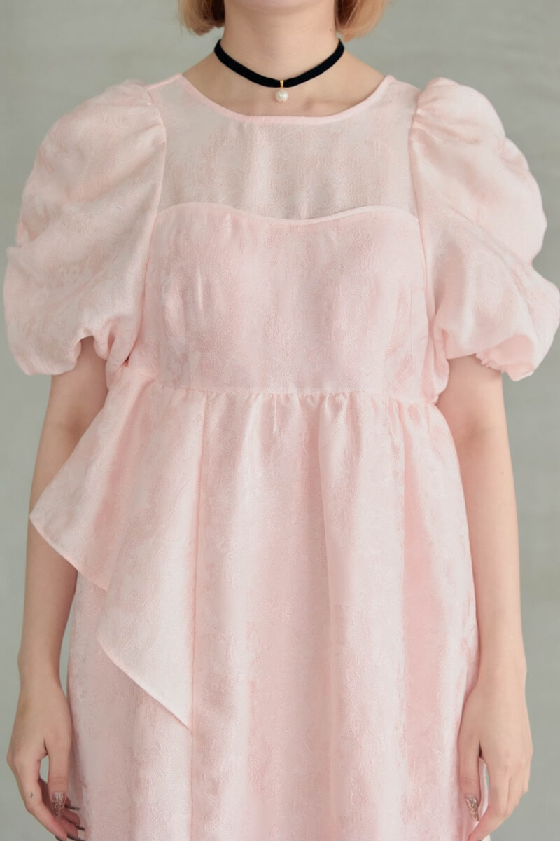 ピンクのバブルスリーブジャガードドレス | ANDRESD | L～マタニティ