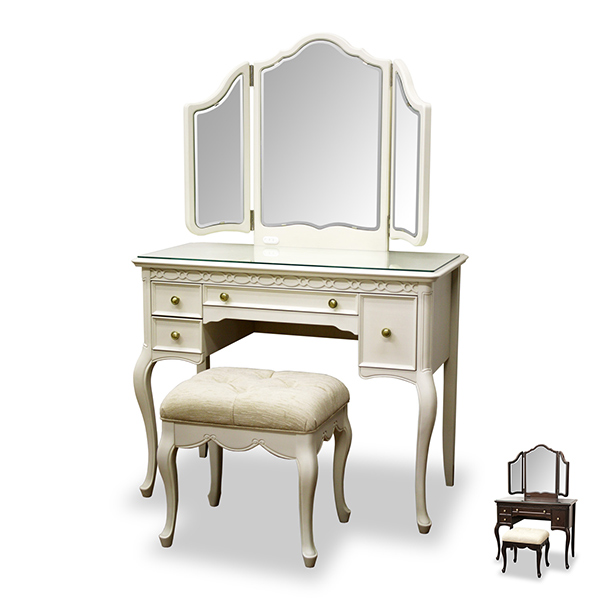 ドレッサー 三面鏡 スツール付 クラシック調 猫脚 フルール 幅90cm