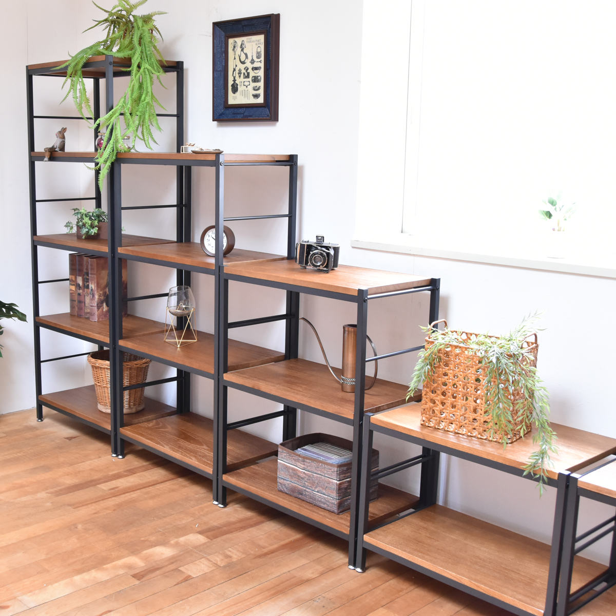 オープンラック 5段 ヴィンテージ調 天然木棚板 幅90cm （ ラック