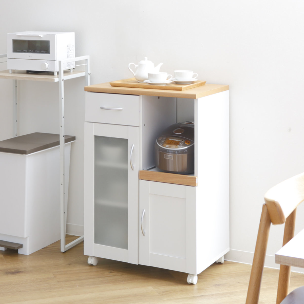 キッチンカウンター 幅60cm フレンチカントリー調 スライド棚 2口