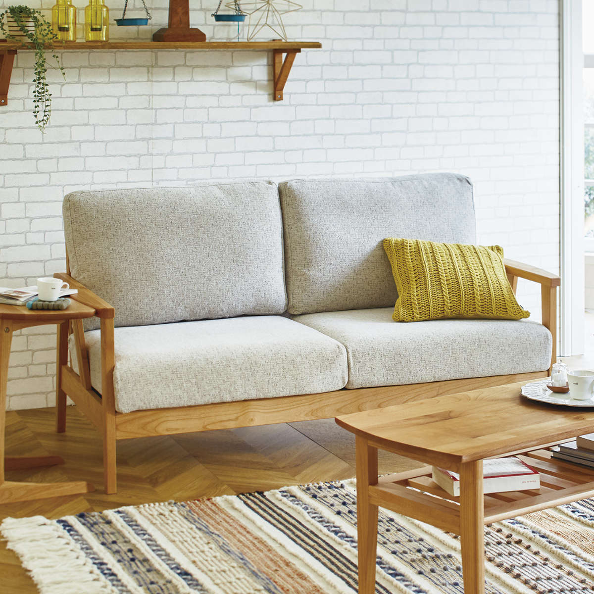 ソファ 2人掛け 2.5人掛け 幅155cm 布張り ナチュラル色フレーム （ 開