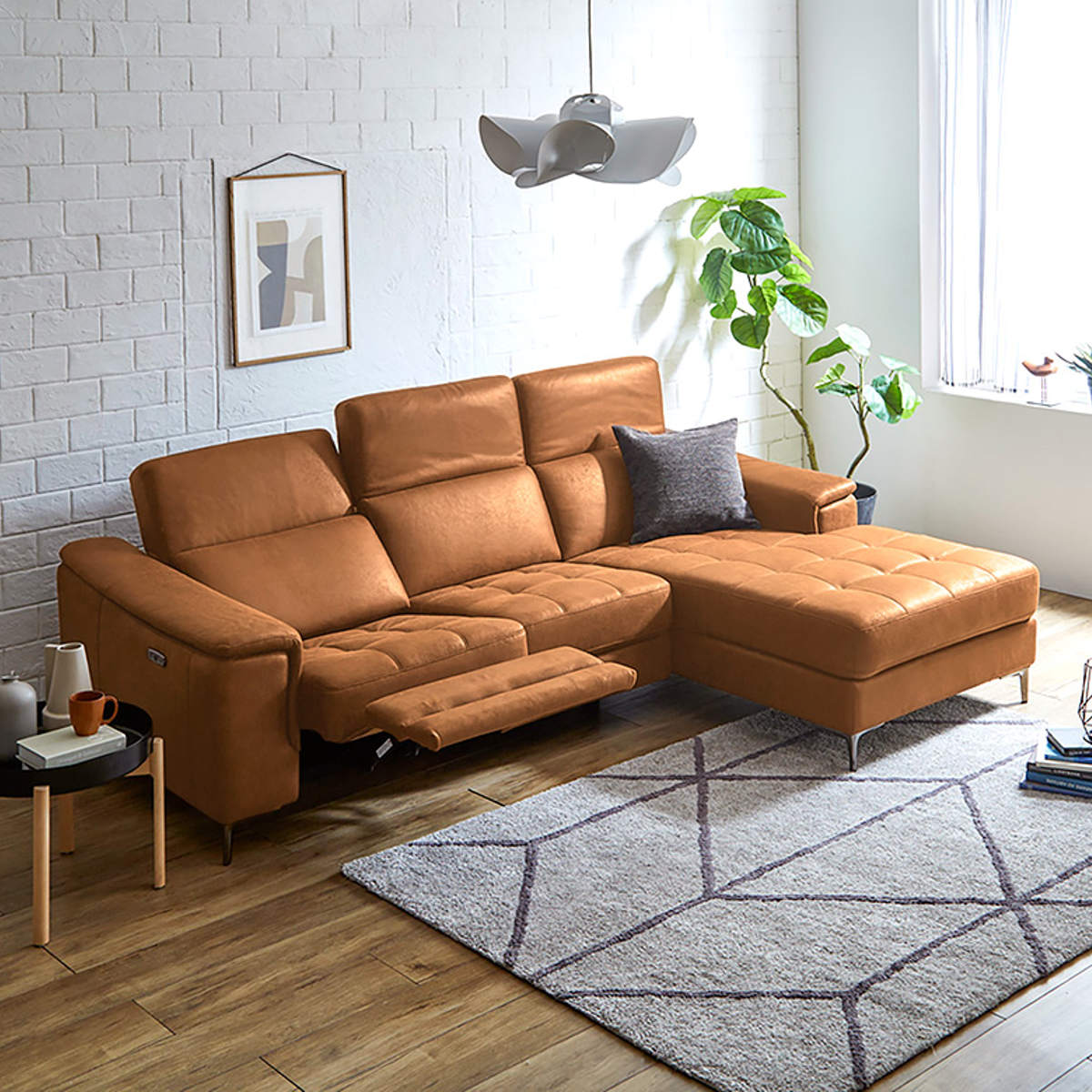 カウチソファ 左カウチ 3人掛け 幅236cm 電動リクライニング レザー