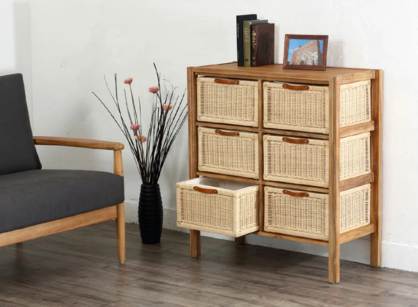 籐 ランドリーチェスト 幅83cm 3段 6杯 チーク無垢材 天然素材