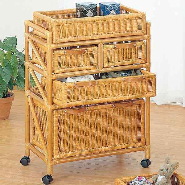 ランドリーチェスト 4段 籐 ラタン製 キャスター付 幅60cm （ 洗濯かご