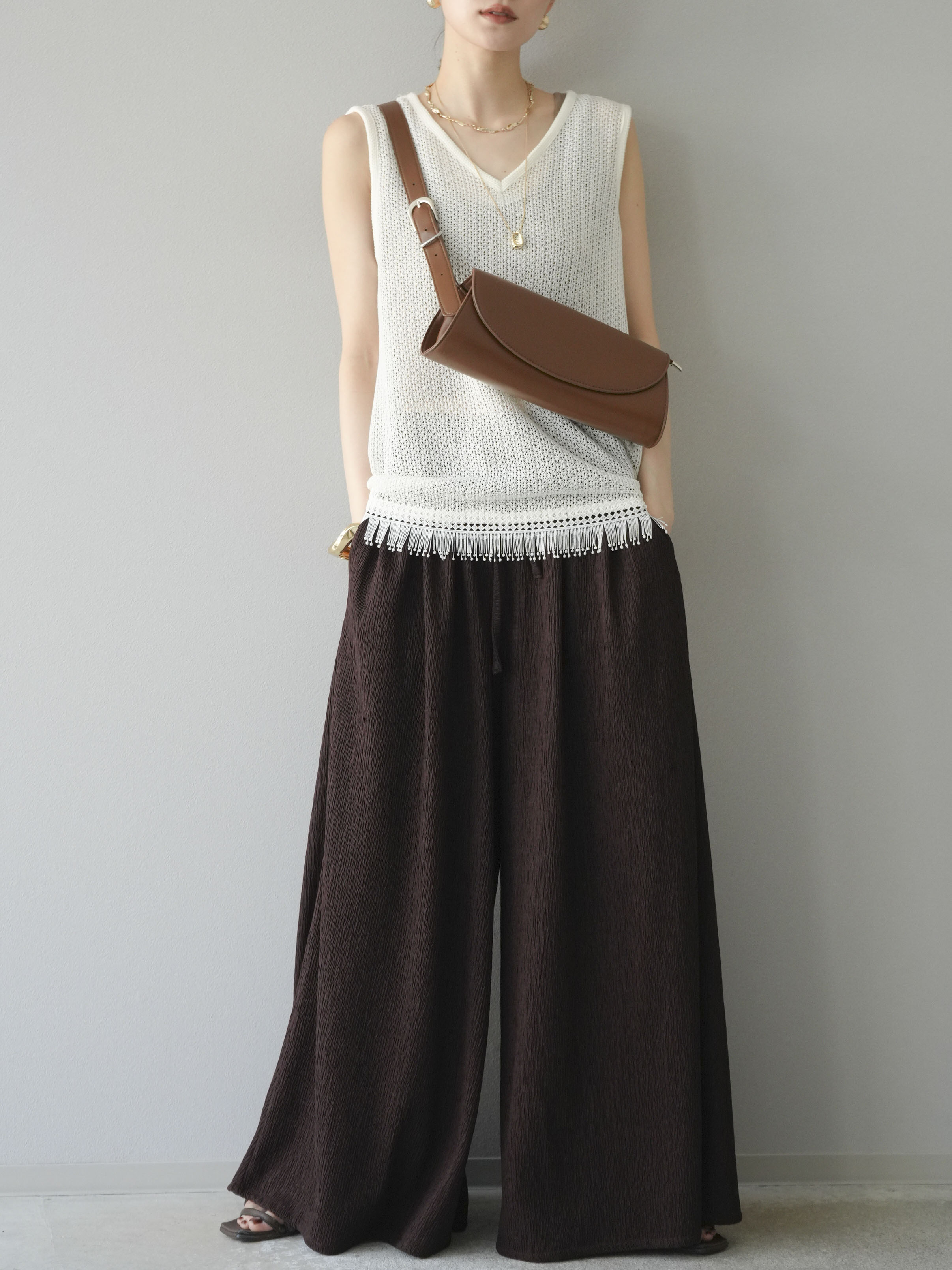予約]裾フリンジVネックニットタンクトップアンサンブル/オフ – Lumier