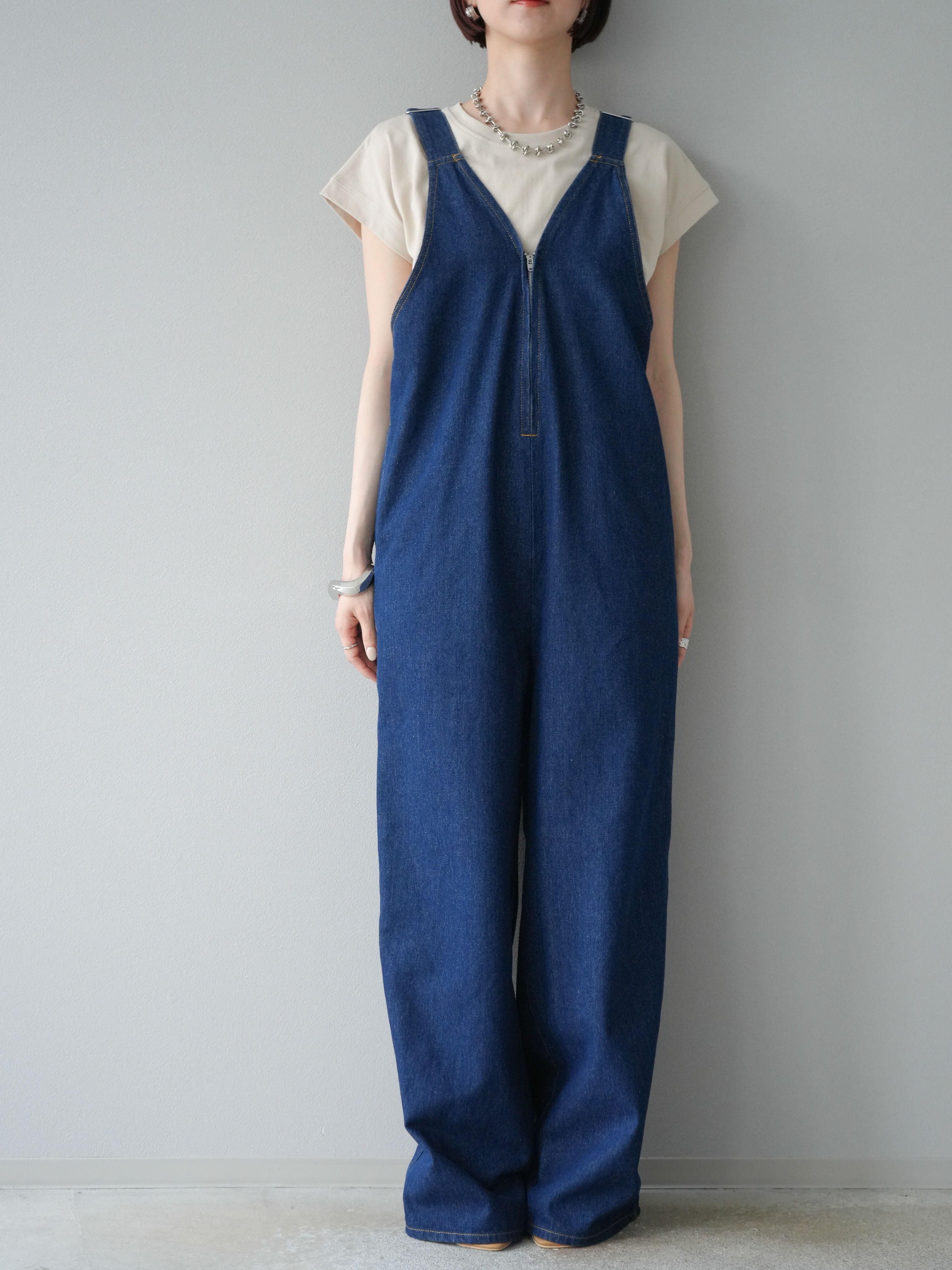 予約]フロントZIP Vネックデニムサロペット/インディゴ – Lumier