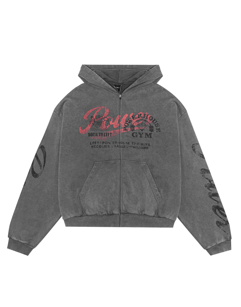 LÝFT × Power House Gym Vintage Sweat Zip-Up Hoodie - D.Grey