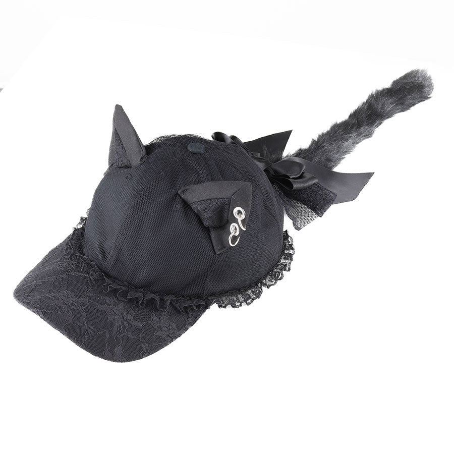 1 month order] CAT EAR & TAIL LACE CAP (WHITE) – MAJOH