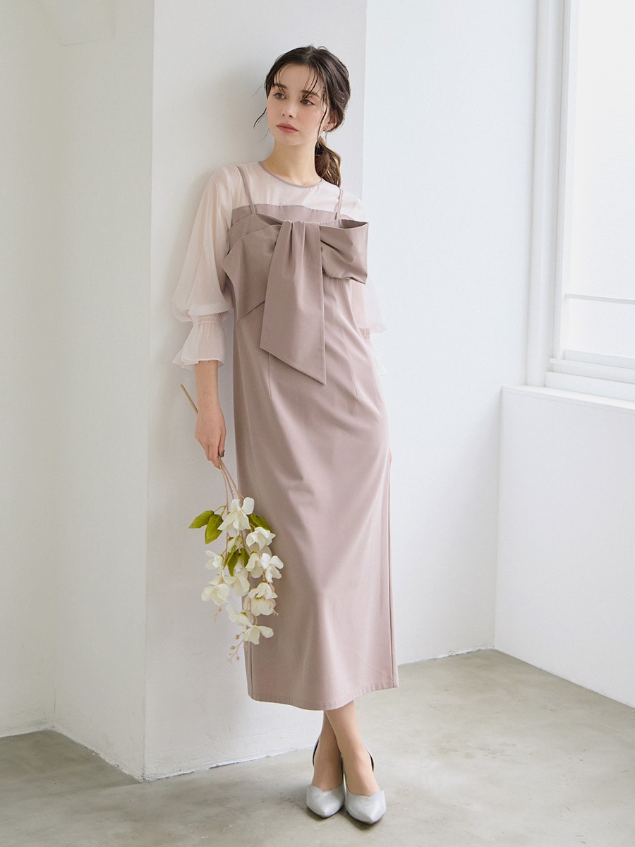 リボンビスチェ×袖付きIラインワンピースセットドレス(S イエロー