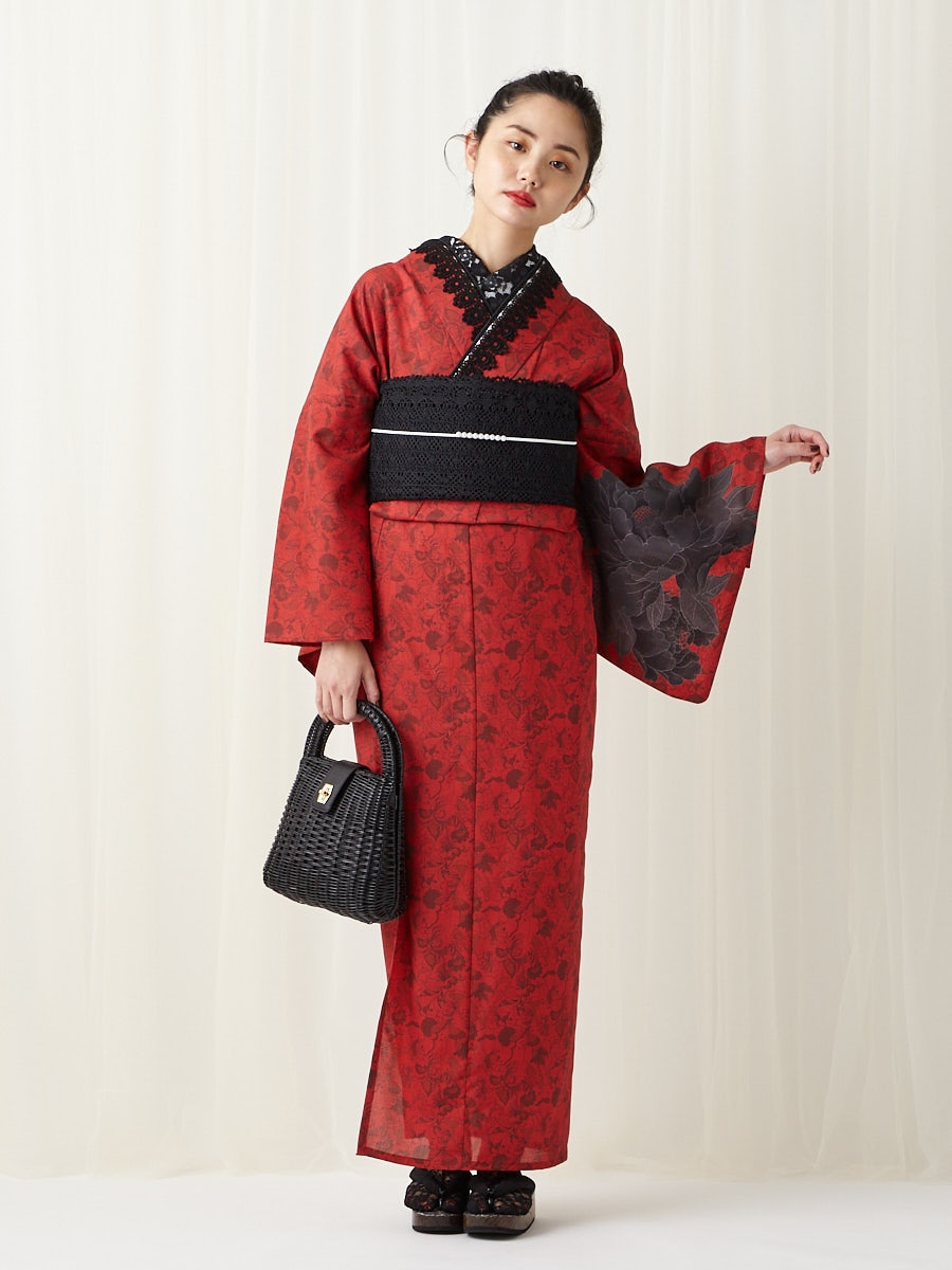 浴衣単品「 更紗牡丹 」(FREE ダークレッド): ふりふ ｜ミマツグループ