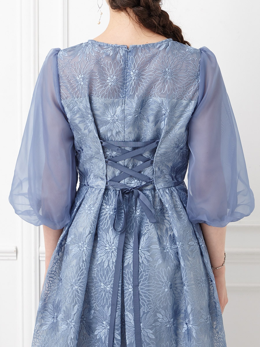 オーガンジー花柄刺繍ボリュームスリーブドレス(M スカイブルー