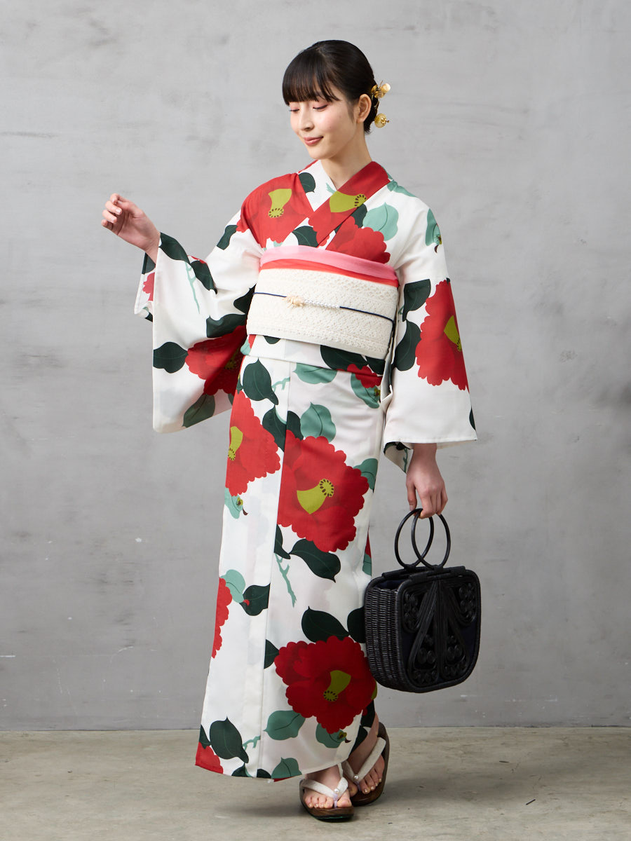 浴衣単品「 椿オーバジーン 」(FREE オフホワイト): ふりふ ｜ミマツ