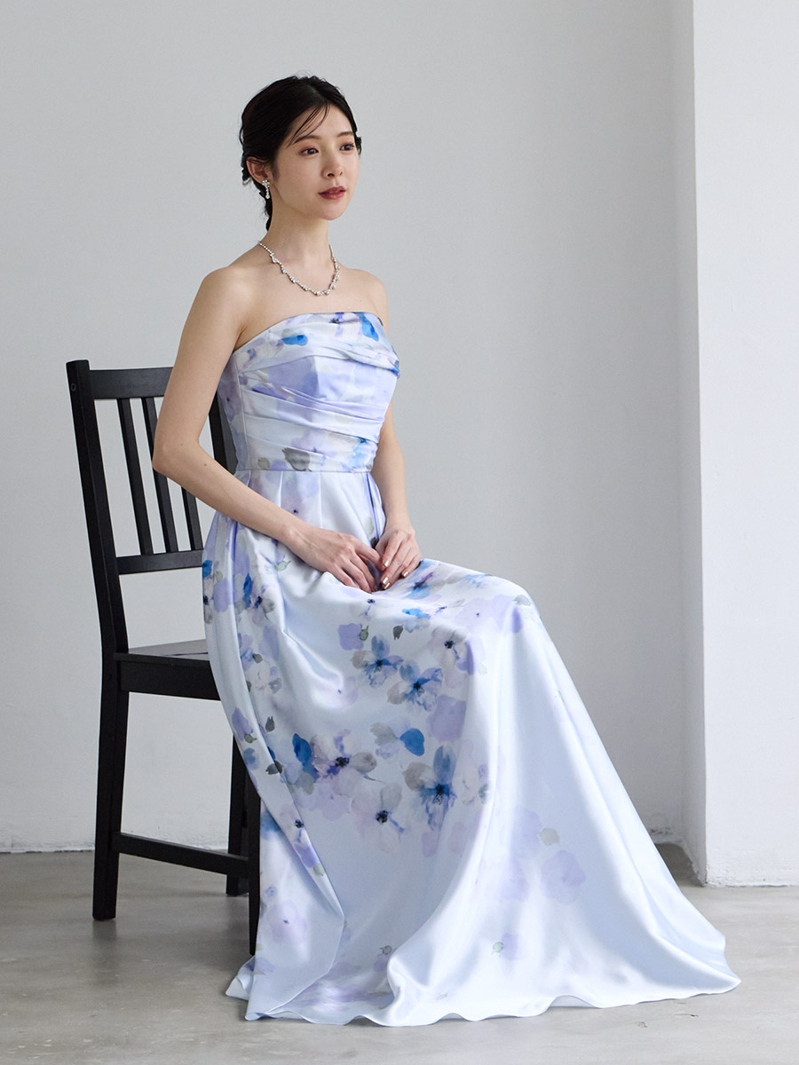 Mist/サテン×フラワープリントロングドレス(M ライトグレー): AIMER