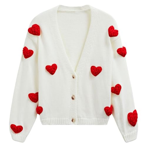CHICWISH Women 3D Heart Open Front Cardigan Sweaters V-Neck Casual