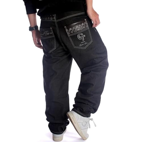 Veroders Men's Black Baggy Jeans with Design Loose-fit Y2K Hip Hop